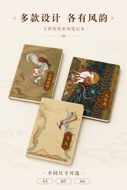 [第6屏] 系列展示-全家福呈现全部封面款式选择。本屏组合展示【图10】中的多款产品。
[氛围/风格] 整齐陈列，清晰展示全系列款式，国风简约背景。
[元素布局] 三款不同封面的笔记本错落摆放，分别展预览效果
