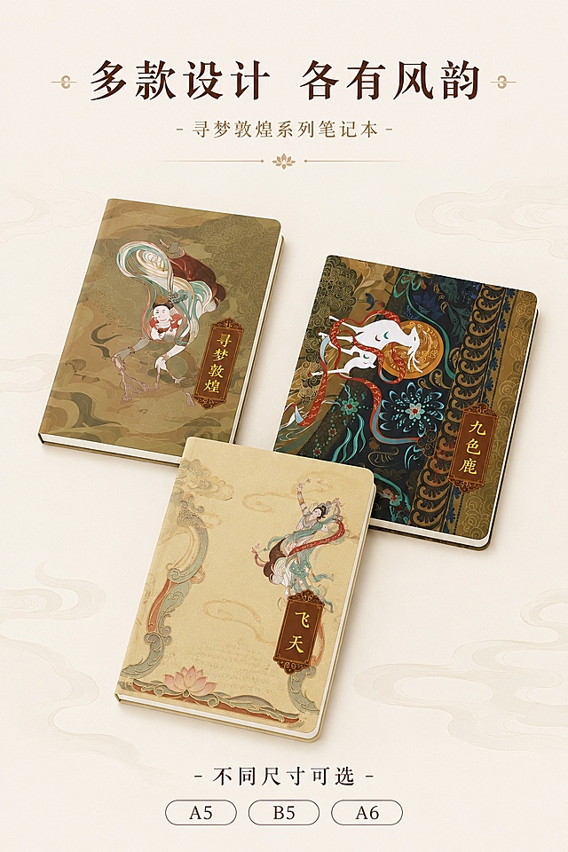 [第6屏] 系列展示-全家福呈现全部封面款式选择。本屏组合展示【图10】中的多款产品。
[氛围/风格] 整齐陈列，清晰展示全系列款式，国风简约背景。
[元素布局] 三款不同封面的笔记本错落摆放，分别展示飞天、九色鹿、寻梦敦煌三款设计，所有产品外观颜色保持和输入图一致；背景为干净浅素色，产品占比约70%。
[光影质感] 均匀柔光，每个款式都清晰展示，没有明显光影遮挡。
[配色色系] 全局底色 #F7F3EA；主色为各款封面本身色彩，背景浅素衬托产品。
[视角构图] 45°斜侧排列，错落有致，每款产品都露出完整封面。
[文字版式] 顶部标题「多款设计 各有风韵」，底部标注不同尺寸可选，文字居中排版，不遮挡产品封面。
[比例分辨率] 9:16竖版比例，4K分辨率，文字清晰可辨，高清画质。
[负向提示词] 产品外观变形，颜色错乱，缺件，文字模糊，水印，背景杂乱
