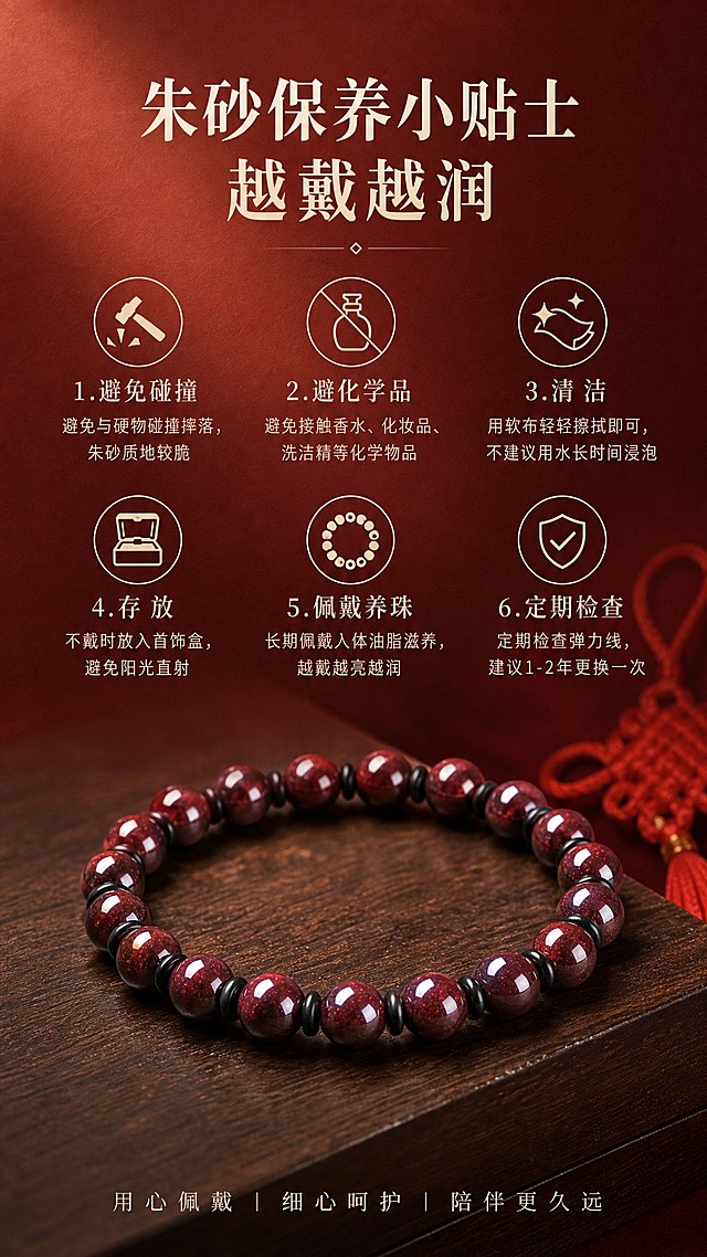 淘宝天猫详情页-保养指南篇，9:16竖版，高级红棕渐变纸质感背景。标题'朱砂保养小贴士 越戴越润'，配6个保养要点图标：1.【避免碰撞图标】避免与硬物碰撞摔落，朱砂质地较脆；2.【避化学品图标】避免接触香水、化妆品、洗洁精等化学物品；3.【清洁图标】用软布轻轻擦拭即可，不建议用水长时间浸泡；4.【存放图标】不戴时放入首饰盒，避免阳光直射；5.【佩戴养珠图标】长期佩戴人体油脂滋养，越戴越亮越润；6.【定期检查图标】定期检查弹力线，建议1-2年更换一次。配手串精美展示图，保持产品原貌。