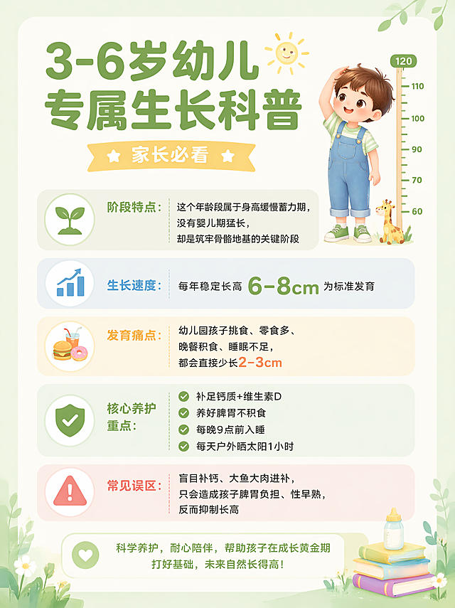清新育儿科普风格海报，延续前两张儿童长高主题设计风格，整体版式精美，信息分区清晰，主标题区域突出，文字清晰可读，整体色调清新柔和，适合家长阅读。画面包含：主标题"3-6岁幼儿专属生长科普"，副标题"家长必看"，内容分模块清晰呈现：
阶段特点：这个年龄段属于身高缓慢蓄力期，没有婴儿期猛长，却是筑牢骨骼地基的关键阶段
生长速度：每年稳定长高6-8cm为标准
发育痛点：幼儿园孩子挑食、零食多、晚餐积食、睡眠不足，都会直接少长2-3cm
核心养护重点：补足钙质+维生素D、养好脾胃不积食、每晚9点前入睡、每天户外晒太阳1小时
常见误区：盲目补钙、大鱼大肉进补，只会造成孩子脾胃负担、性早熟，反而抑制长高

画面四边留足安全边距，文字不贴边，层级分明，使用简洁图标区分不同内容模块，整体干净整洁，专业可信，延续前两张清新柔和的母婴育儿风格，配色和版式风格保持一致，信息清晰易读，无违规内容。