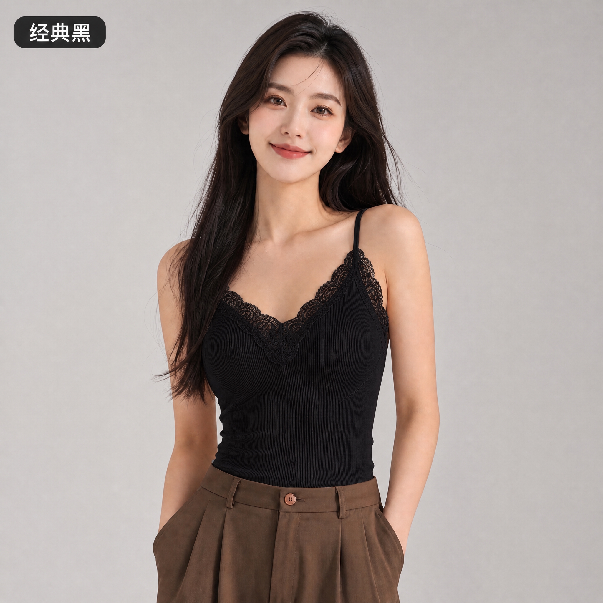 将图中模特的吊带背心颜色改为黑色，背景改为浅灰色，其他保持不变… - 图片创意预览