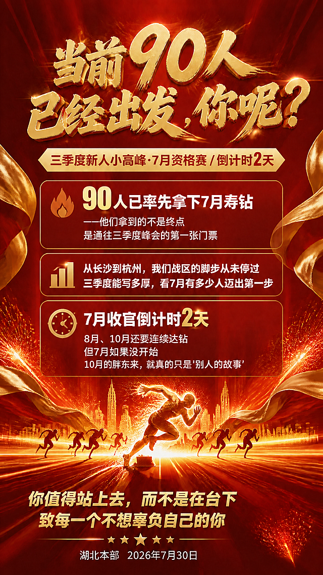 将画面中所有的"9月"文字替换为"10月"，同时去掉所有二维码占位方块，将二维码占位区域替换为与周围背景一致的红金渐变背景和金色光效粒子。保持其余所有文字、图标、抢跑拼搏绽放元素、版式布局、红金配色完全不变。整体风格保持大气燃情的企业冲刺动员海报风格。