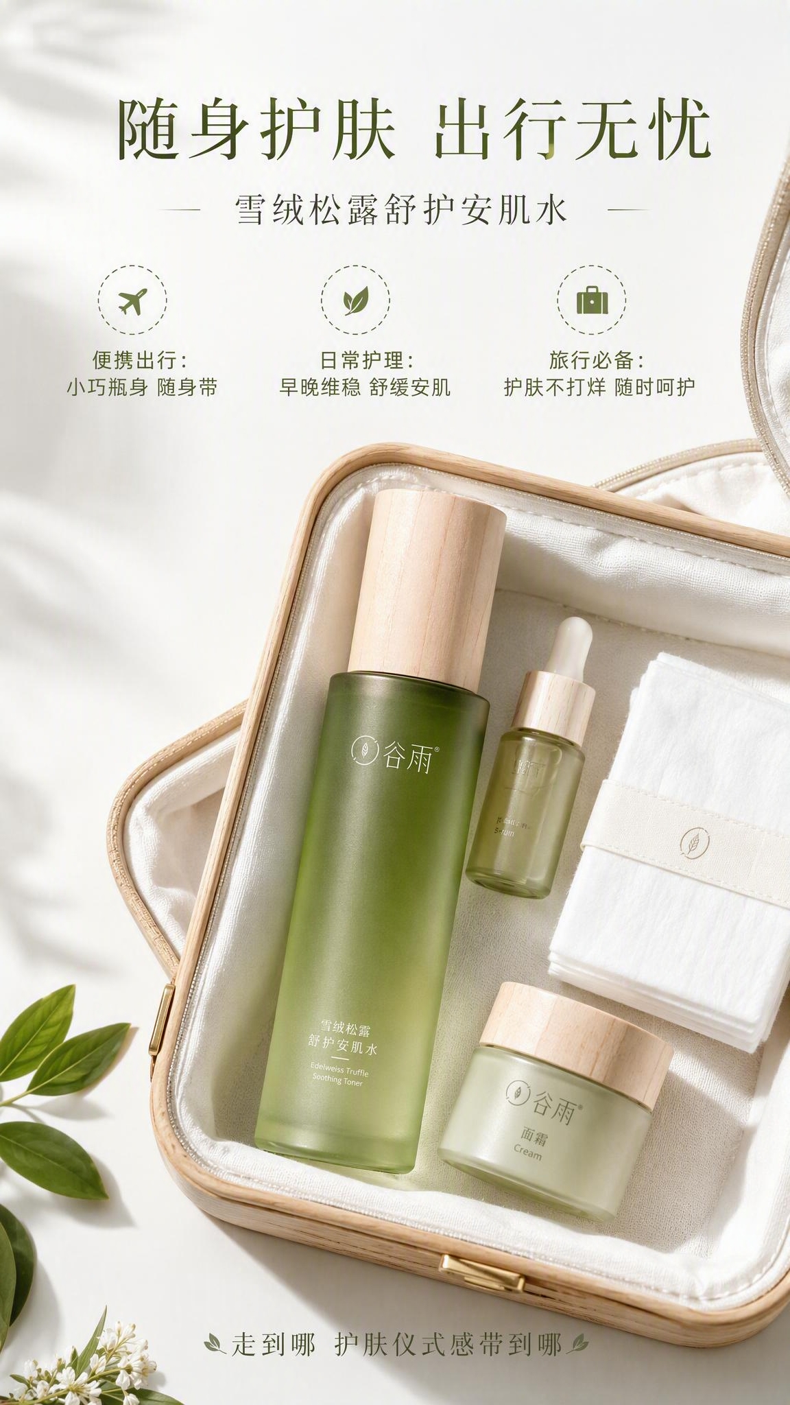 手机端9:16竖版，护肤品使用场景图（出门/旅行场景）。简约旅… - 图片创意预览