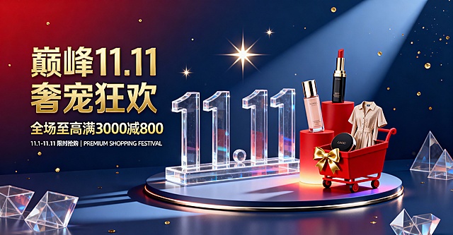 现代奢华风格双十一宣传稿，深蓝为底色融合嫣红渐变光效，金色点缀高光。中央悬浮透明立体“11.11”数字在展示台上，搭配投射星形光背景。右侧3-4件精选商品（美妆/数码/服饰）错落放置于红色购物车造型底座，配金色蝴蝶结装饰。底部半透明几何图形装饰，背景添加细微金色粒子漂浮效果，商品底部设置渐变光晕，展示台边缘添加金属镶边投射光效。主标题“巅峰11.11 奢宠狂欢”采用鎏金无衬线体，金色立体字效，字号占左侧1/3高度；副标题“全场至高满3000减800”为金色渐变字；辅助文字“11.1-11.11 限时抢购 | PREMIUM SHOPPING FESTIVAL”用白色纤细无衬线体。