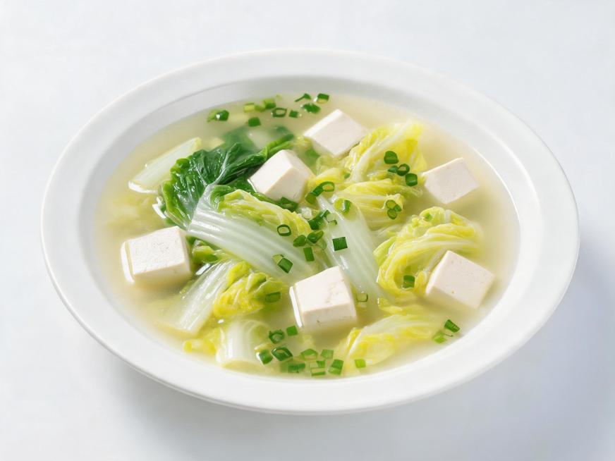 将盘中的汤替换为家常白菜豆腐汤，汤色清亮，包含豆腐块和大白菜叶片，撒上少许葱花，保持白色盘子和纯白色背景，美食实拍风格预览效果