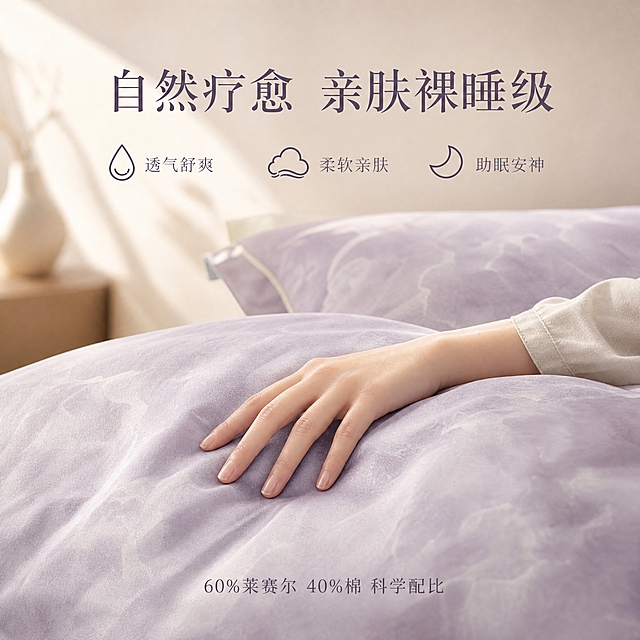 [主图-2] 亲肤触感与自然疗愈体验，突出莱赛尔棉混纺面料的舒适亲肤与助眠氛围。
[统一基调] 低饱和莫兰迪紫主色调，搭配奶白、浅米灰辅助色；标题用优雅衬线体深紫灰色，辅助文案用浅灰紫；整体风格宁静治愈、克制美学、现代简约侘寂风；光源为午后暖调自然光从左上方斜射，形成柔和光斑与层次阴影。
[画面] 近景特写床品上半部分，一只女性手背轻轻搭在紫色被面上，手指自然放松，体现亲肤触感；被面面料呈现丝滑光泽与细腻纹理，数码印花的植物肌理若隐若现；背景虚化的卧室环境，左侧有暖光光斑，右侧大面积留白；画面下方露出部分枕套边缘，整体营造放松助眠的视觉氛围。
[光影质感] 柔和暖调自然光，手部与面料接触处有真实接触阴影，面料表面有细腻光泽变化，体现莱赛尔棉的丝滑垂坠质感，浅景深突出手部与面料接触区域。
[配色] 主色低饱和薰衣草紫面料，肤色自然，背景暖米灰虚化；整体色调柔和统一，治愈感强。
[文字版式] 上方居中主标题「自然疗愈 亲肤裸睡级」，标题下方三个图标加文字横向排列：第一个图标水滴形配「透气舒爽」，第二个图标云朵形配「柔软亲肤」，第三个图标月亮形配「助眠安神」；底部小字标注「60%莱赛尔 40%棉 科学配比」；文字全部放在上下留白区域，不遮挡手与面料接触的核心展示区。
[输出要求] 1:1正方形2048px，文字清晰，面料纹理细节清晰，手部自然真实；负向：变形、错字、模糊、手部畸形、手指异常、水印、平台logo、面料起球、颜色失真。