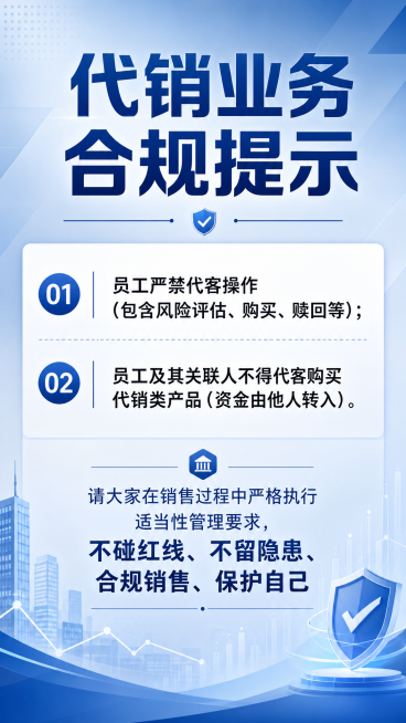 金融机构代销业务合规提示宣传海报，简洁商务风格，蓝色调背景，上方大标题写"代销业务合规提示"，正文内容："员工严禁代客操作（包含风险评估、购买、赎回等）；员工及其关联人不得代客购买代销类产品（资金由他预览效果