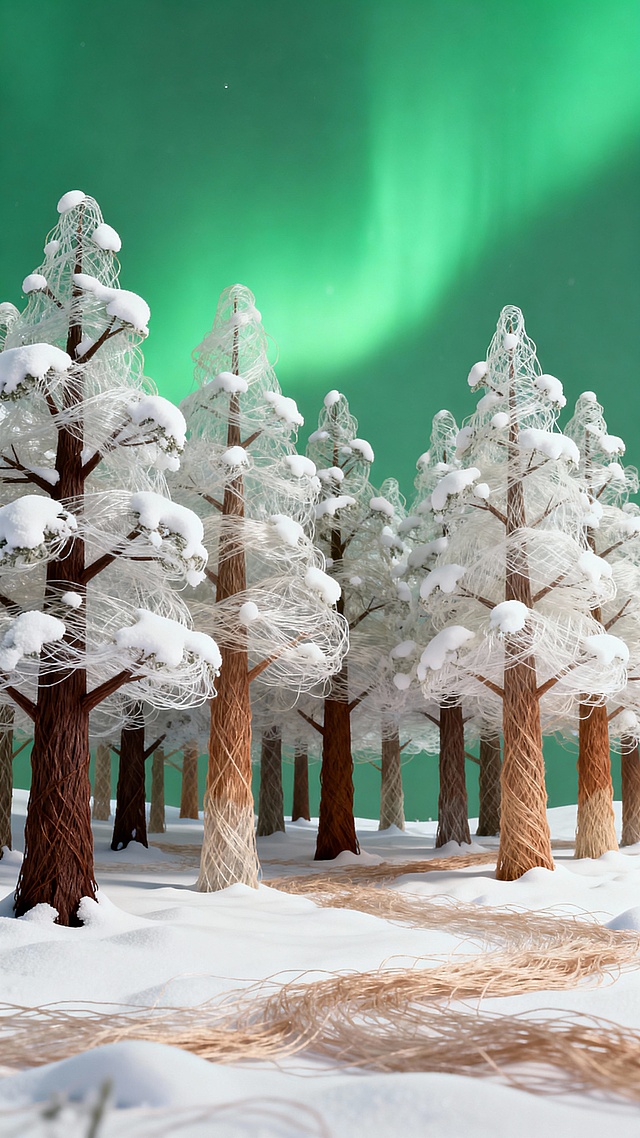 密集的冬日森林（树上有积雪），背景为绿色极光
