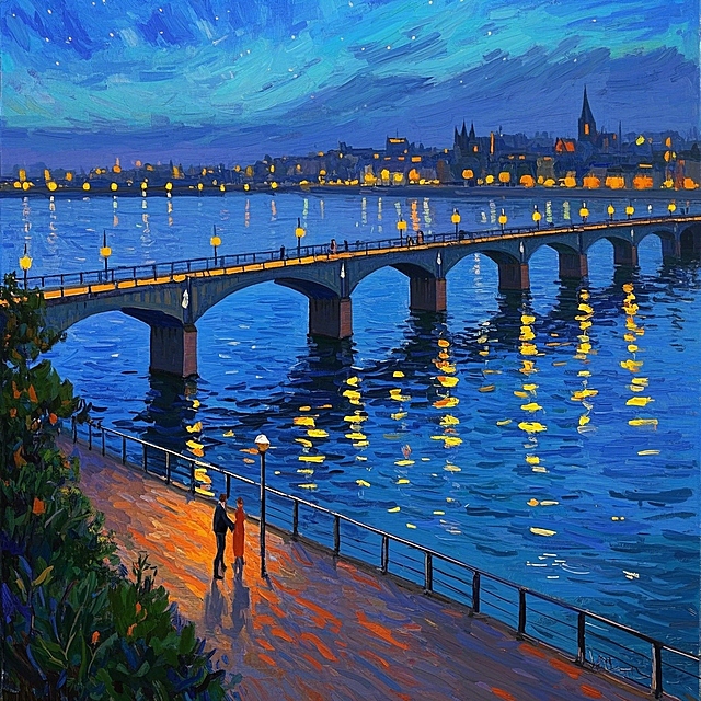 厚涂风油画夜景，光影交织的桥畔浪漫，印象画派笔触下的城市灯火与情侣剪影，唯美感与文艺气息交融。