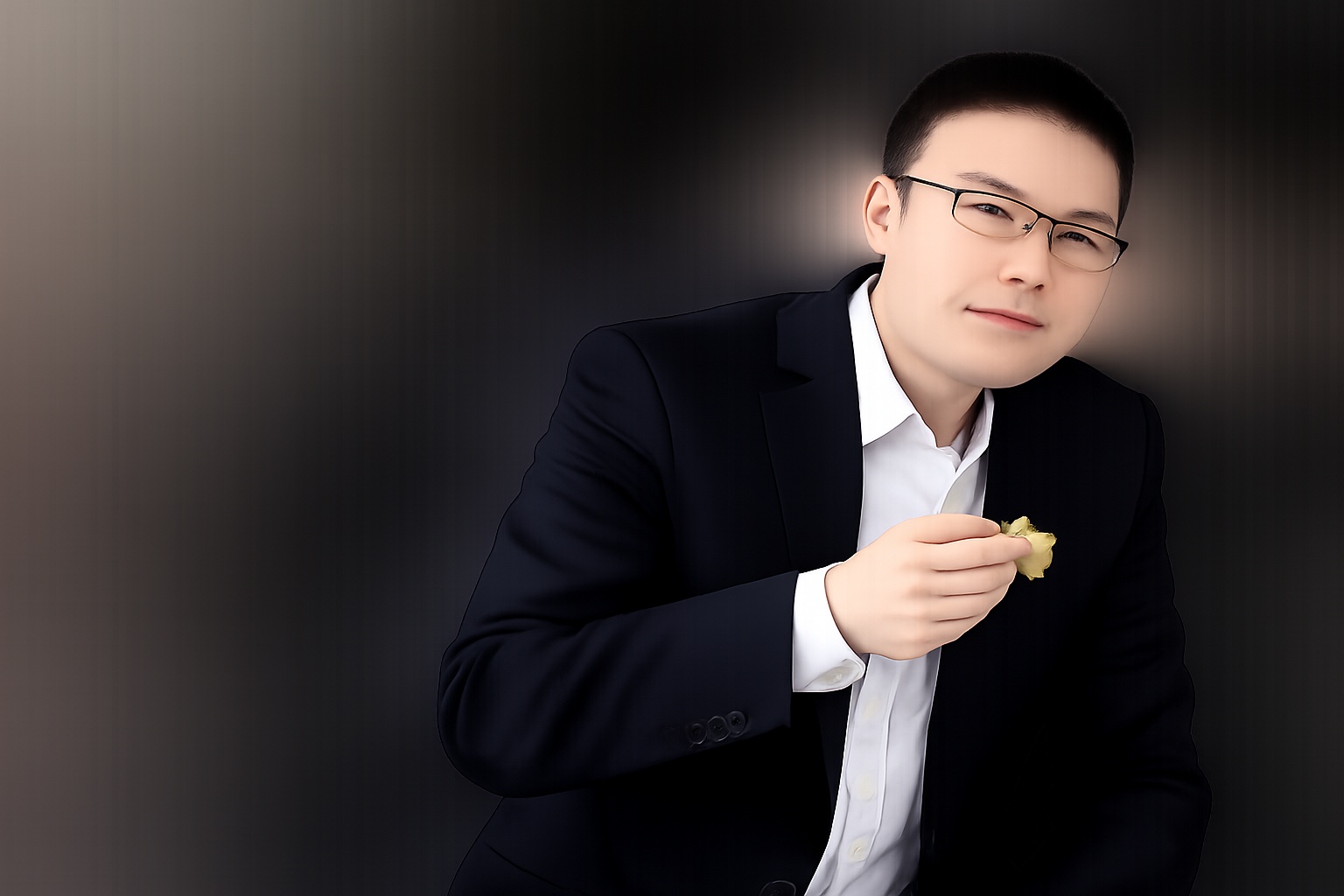 将图中人物的黑色上衣替换为正式的黑色商务西装，内搭白色衬衫，保… - 图片创意预览