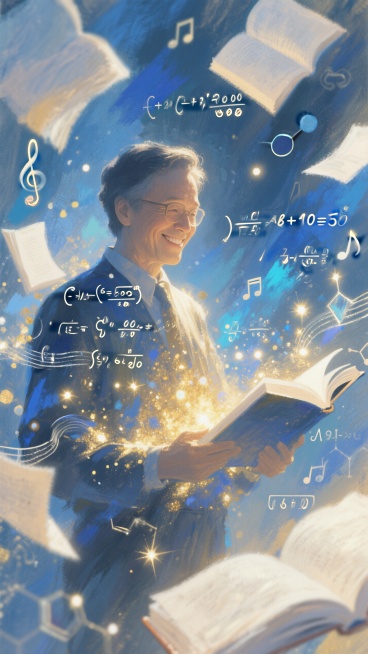 老师的形象由无数飞舞的书页、数学公式、音乐符号和化学分子式构成，这些元素缓缓汇聚成一位微笑的老师侧影。蓝色和金色的光粒子特效，科技感，抽象而优雅。预览效果