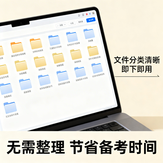 历届高考真题合集电商主图第八张，清新舒适学习风格，柔和自然光。画面为电脑屏幕显示真题文件的界面特写，展示文件清晰分类的文件夹，旁边标注「文件分类清晰 即下即用」。背景为浅米色，整体干净整洁。下方小字「预览效果