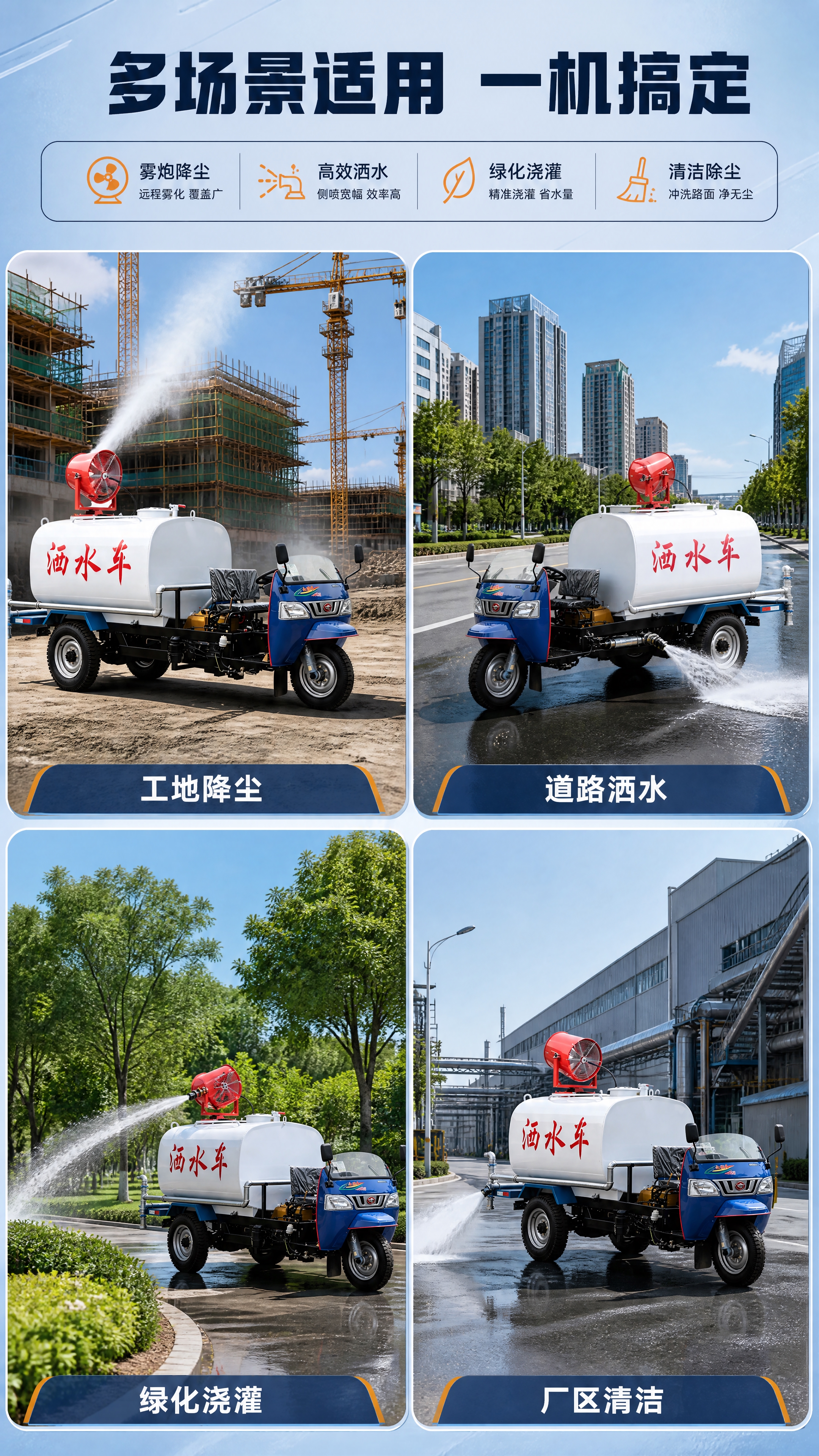 [商品] 使用【图1】柴油三轮洒水车；保留蓝色车头、白色水罐（… - 图片创意预览