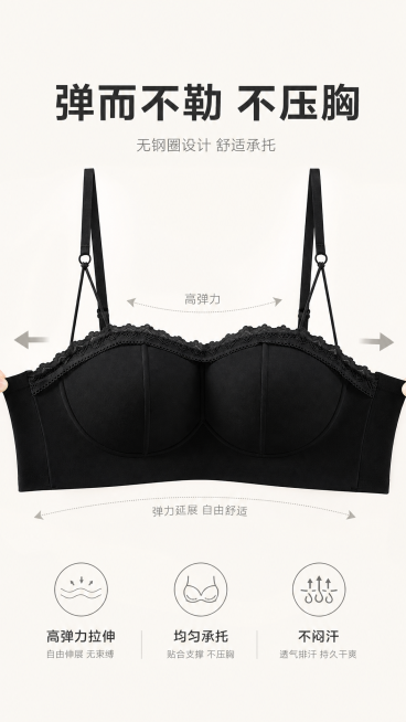 [第8屏] 面料特性展示-弹力不压胸效果展示。展示文胸面料弹性，保持文胸整体轮廓和结构与输入产品图一致。[氛围/风格] 材质特性展示风，浅暖米背景，高清商业摄影。[元素布局] 文胸拉伸开放置在画面中心预览效果
