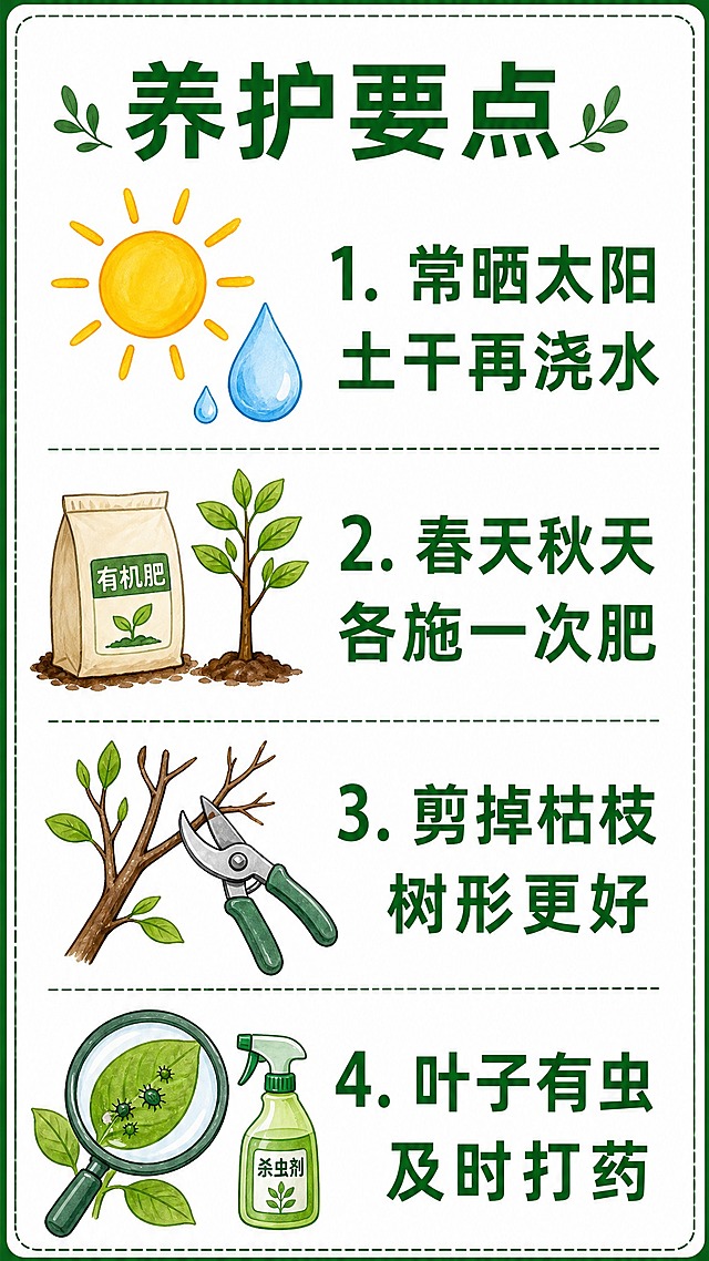 竖版手卡反面设计，柑橘树苗养护要点卡片，多图少字，简洁风格。顶部大标题"养护要点"。画面从上到下排列4个养护要点，每点有手绘插图和大号文字：第一点插图是太阳和水滴，文字"1. 常晒太阳 土干再浇水"；第二点插图是肥料袋子和小树，文字"2. 春天秋天 各施一次肥"；第三点插图是剪刀修剪树枝，文字"3. 剪掉枯枝 树形更好"；第四点插图是放大镜看叶子和除虫，文字"4. 叶子有虫 及时打药"。白底绿字，字体粗大清晰，插图简单易懂，适合老年人阅读，竖版构图，与正面风格一致。