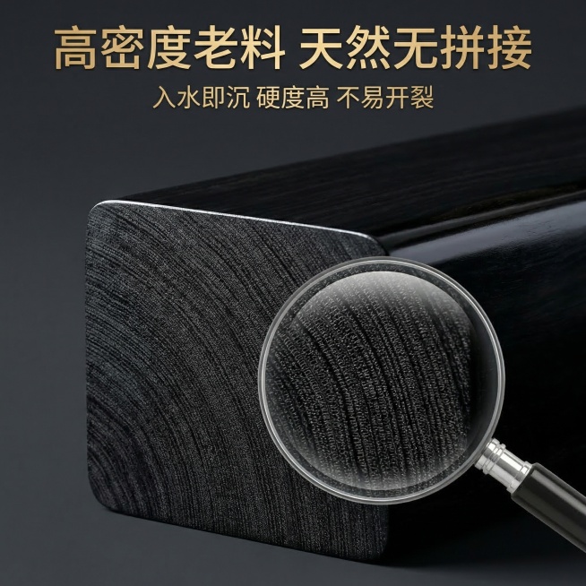 厚瓣乌木方料材质细节主图，微距镜头特写乌木横截面，清晰展示细腻致密的木材纹理，纯黑色木质结构，边缘打磨光滑的质感，用放大镜特效突出纹理细节，旁边展示打磨后的乌木表面油润光泽，背景为深灰色，侧光突出木材预览效果