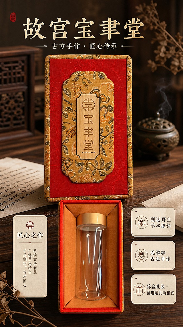 [商品] 使用【图2】外盒锦盒与【图3】内包装玻璃瓶；保留锦盒朱红底色、金色缠枝花纹、竹木铭牌"宝聿堂"字样与BAOYUTANG英文，保留织物质感与边角形态；保留内盒橘色绒布内衬、透明玻璃瓶与金色瓶盖的结构、比例和材质；清晰化铭牌文字，不改变包装颜色、图案和结构。
[画面] 页面目标：品牌与开箱仪式感，展示故宫宝聿堂的匠心包装与出品质感。构图：上下结构，上方锦盒正面全貌居中展示，占画面约50%，下方内盒开盖展示玻璃瓶，左右分布品牌理念文案。景别：产品中景，包装细节清晰。场景：东方雅致开箱场景，深棕色木质桌面，搭配素色宣纸、干花艾枝、小香炉等氛围道具，前中后三层景深，柔光打亮锦盒纹理。
[视觉] 套系策略：风格=东方国风禅意商业摄影，故宫雅致质感；标题字=宋体衬线古风标题字；正文字=简洁楷体/细黑体；主色=暖棕木色+朱红+暗金；背景延展=基于暖棕木色做深浅层级、同色渐变和细腻宣纸/木纹/织物质感；强调色=朱红暗金，仅用于小面积印章、引线、标签和标题点缀；标题色=深棕近黑；正文色=暖棕灰；组件=圆角米白宣纸信息卡、细线引线、朱红印章元素；光影=左前侧暖柔光，柔和侧逆光勾勒锦盒轮廓，整体暖调静谧。
[文字] 左上主标题"故宫宝聿堂"，副标题"古方手作 · 匠心传承"，右侧3个信息点"甄选野生草本原料""无添加古法手作""锦盒礼装 · 自用赠礼两相宜"，文字横排，不遮挡锦盒铭牌与玻璃瓶主体。
[规格] 图片比例9:16竖版，4K，负向提示：避免变形、错字、文字过小、冷蓝/冷灰背景、包装文字错乱、现代感过强、绝对化用语。