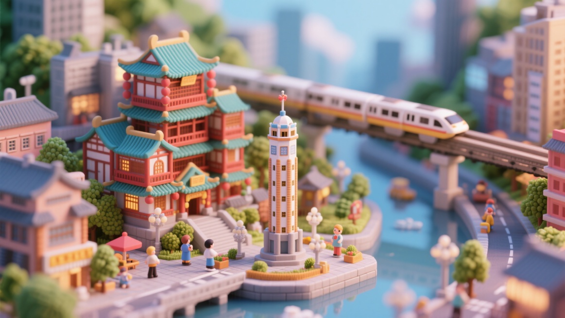 重庆标志性建筑，如洪崖洞、解放碑、李子坝轻轨站等，以3D微缩场景风格呈现，细节精致，色彩明快，具有真实的光影效果和空间感，仿佛一个缩小的城市模型预览效果