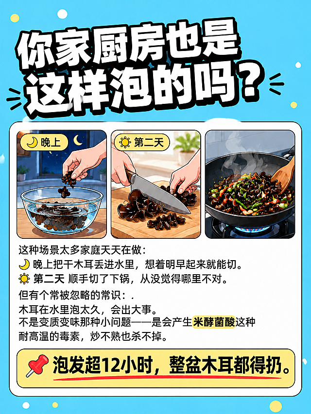 去掉图片右上角的木耳配图（带绿叶的那朵黑木耳插画），其余所有画面元素（大标题文字、三格漫画、正文文字、底部黄色图钉警示条、背景天蓝色、圆点装饰、标题旁的小线条装饰等）完全保持不变，一个字都不要改，整体版式和尺寸保持原样。