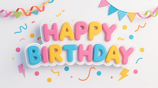 卡通手绘风格生日主题设计，白色纯色背景，上方悬挂彩色波浪形彩带和蓝色三角旗装饰，中央是立体效果的“HAPPY BIRTHDAY”字母，字母采用粉色、黄色、蓝色等明亮色彩填充，边缘有白色描边，下方散落彩色圆点、线条和闪电形状装饰元素，整体画面活泼欢快，色彩明快，充满童趣，图形元素排列错落有致，视觉层次清晰，符合生日庆祝的欢乐氛围。