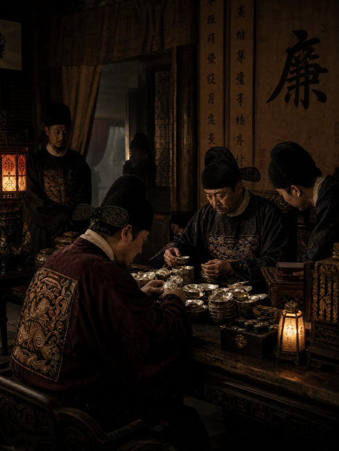 Ming Dynasty officials secretly receiving bribes and counting silver in a dimly lit room, corrupt at预览效果