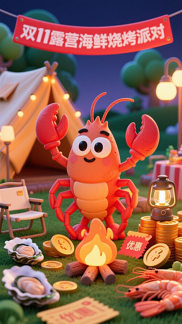 软3D风格的拟人化龙虾在露营场景中欢庆双11，搭配卡通感十足的海鲜烧烤派对元素，营造出温馨喜庆、趣味十足的促销氛围。