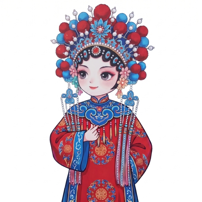 参考原图的国粹京剧卡通人物，生成四分之三侧面角度，保持原红蓝配色、精致头饰和服饰纹样，保持卡通Q版风格，人物保持微笑预览效果