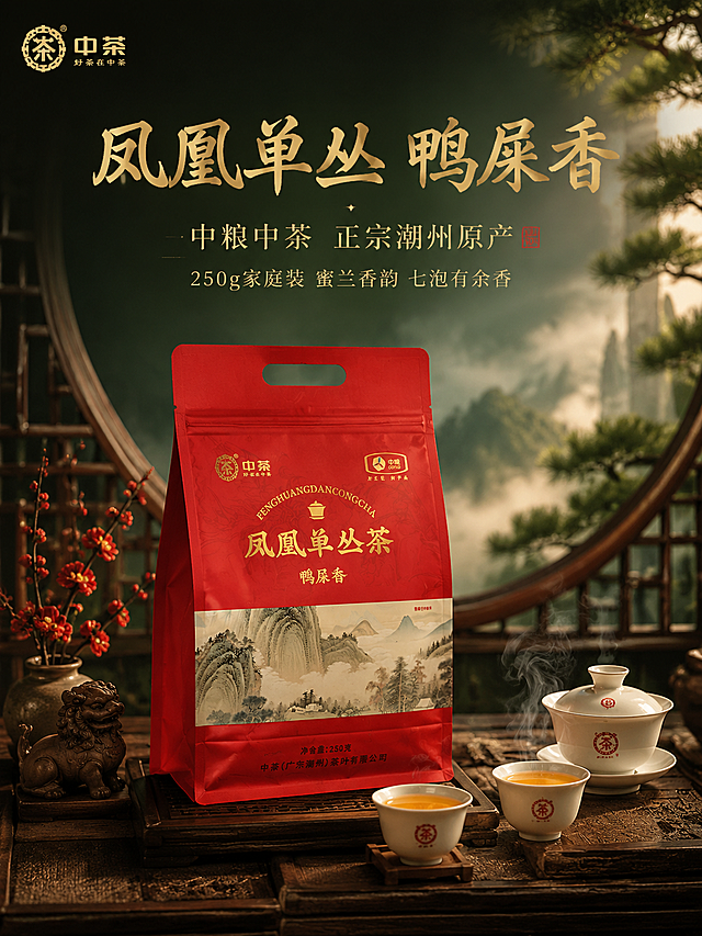 [主图-1 竖版首图] 沉浸式国风茶席竖版场景，凤凰单丛鸭屎香核心主视觉。
[统一基调] 新中式国风沉浸式氛围感，深墨绿+暖金+朱红主色调，云雾山水古雅茶席背景，厚重书法体标题+细宋体辅助文案，高级雅致禅意。
[画面] 红色中茶凤凰单丛茶包装袋（鸭屎香250克装）置于画面中部偏下位置，占画面约45%，包装袋正面完整展示，金色字体清晰。包装袋放置在深棕色老榆木茶台上，茶台上摆放白瓷盖碗、品茗杯，杯中金黄茶汤冒着袅袅热气。茶台一侧有紫砂茶宠、一小束腊梅。背景上方是虚化的中式圆形窗棂，窗外远山云雾缭绕，松枝斜出。画面上方留白较多，用于放置标题文字。整体光线柔和，侧逆光打在包装袋上，金色文字熠熠生辉。
[光影质感] 商业摄影质感，柔和侧逆光从右上方打下，包装袋左侧形成自然阴影，茶汤通透有光泽，茶台木纹清晰，整体暖调氛围感强，景深虚化背景突出主体，竖版构图上下层次丰富。
[配色] 深墨绿背景+暖金色文字+朱红产品主体+深棕木色茶台+米白瓷杯+红梅点缀，整体色调统一和谐，高级感强。
[文字版式] 画面上半部分为文字区，主标题用厚重书法体大字横排居中："凤凰单丛 鸭屎香"，字色暖金色带轻微描边，字号大。主标题下方细宋体副标题："中粮中茶 正宗潮州原产"，再下方小字："250g家庭装 蜜兰香韵 七泡有余香"。左上角放置中茶品牌logo小标识。文字不遮挡产品主体，放在上方负空间。
[输出要求] 3:4竖版750*1000，文字清晰可读，产品完整不切割，画面高清细腻，沉浸式氛围感强。禁止变形、错字、模糊、杂乱、水印、平台Logo。禁止绝对化用语。