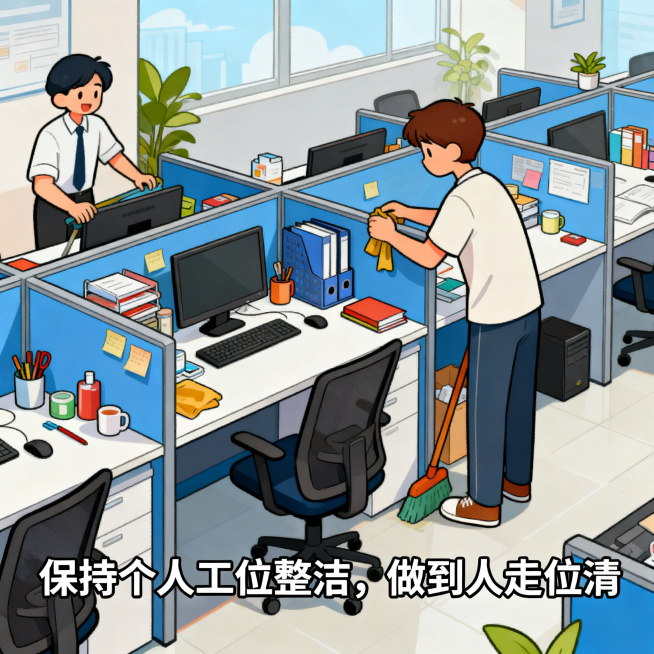 卡通漫画风格，活泼轻松，内容展示整洁干净的办公工位，物品摆放整齐，桌面无杂物，员工下班前正在整理工位，配文字"保持个人工位整洁，做到人走位清"，整体风格明快活泼，作为公司规章制度宣传漫画预览效果