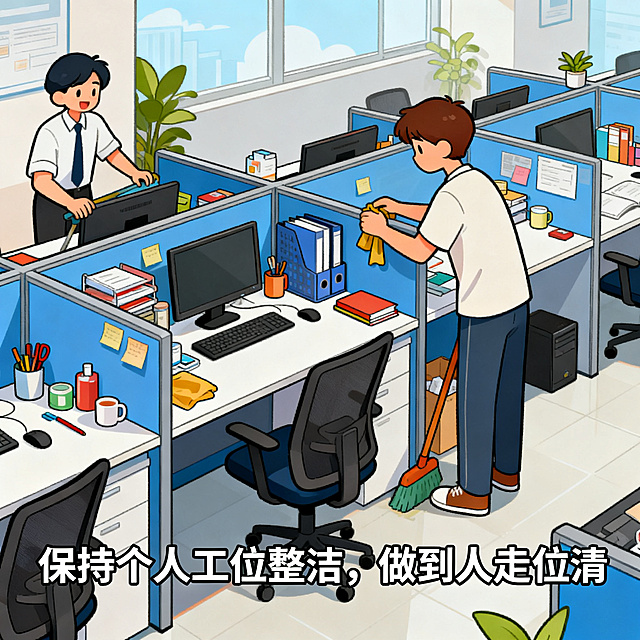 卡通漫画风格，活泼轻松，内容展示整洁干净的办公工位，物品摆放整齐，桌面无杂物，员工下班前正在整理工位，配文字"保持个人工位整洁，做到人走位清"，整体风格明快活泼，作为公司规章制度宣传漫画
