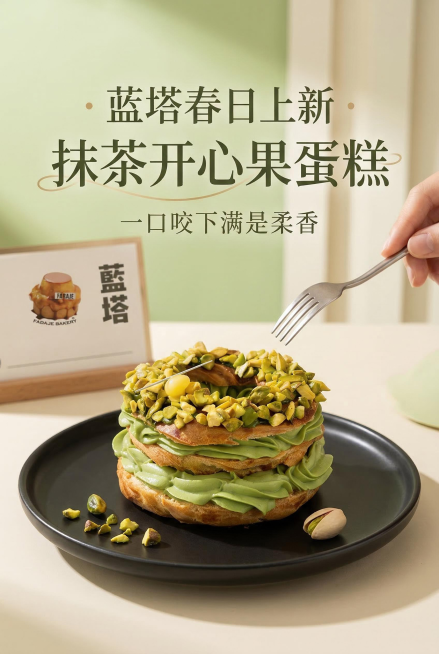 蓝塔新品抹茶小蛋糕宣传海报，主体为这款铺满开心果碎、夹有柔滑抹茶奶油的多层圆环小蛋糕，奶油质感细腻绵密，开心果碎色泽鲜亮，整体看起来松软诱人，背景为清新柔和的浅抹茶绿色，搭配温暖柔和的侧光，突出蛋糕的预览效果
