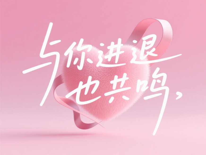 白色文字“与你进退 也共鸣”，粉色渐变背景，一颗淡粉渐变绒毛质感的3D立体爱心，丝带穿插画面。预览效果