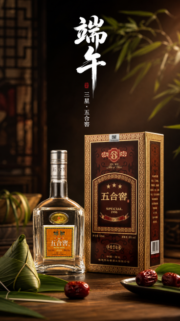 端午节白酒产品海报，深棕色木质桌面，暗调背景营造高级感。画面中央是一瓶透明玻璃五合窖白酒（瓶身有金色"五合窖"标签，银色瓶盖），旁边竖立放置红色礼盒包装（深红色底金色花纹边框，"五合窖 SPECIAL预览效果
