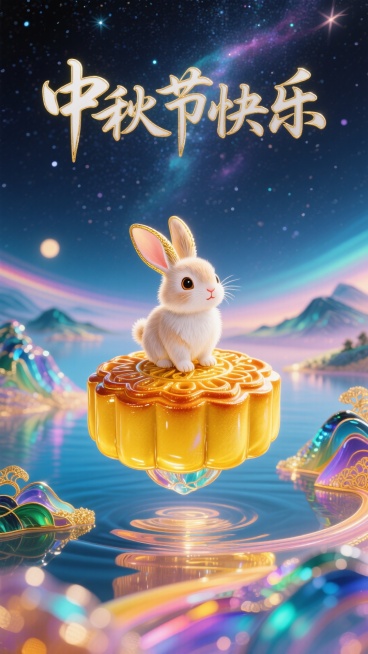 梦幻奇幻风格，特写，小兔子站在悬浮的巨大月饼上，星空梦幻，顶部居中艺术字“中秋节快乐”，陆地上山水琉璃预览效果
