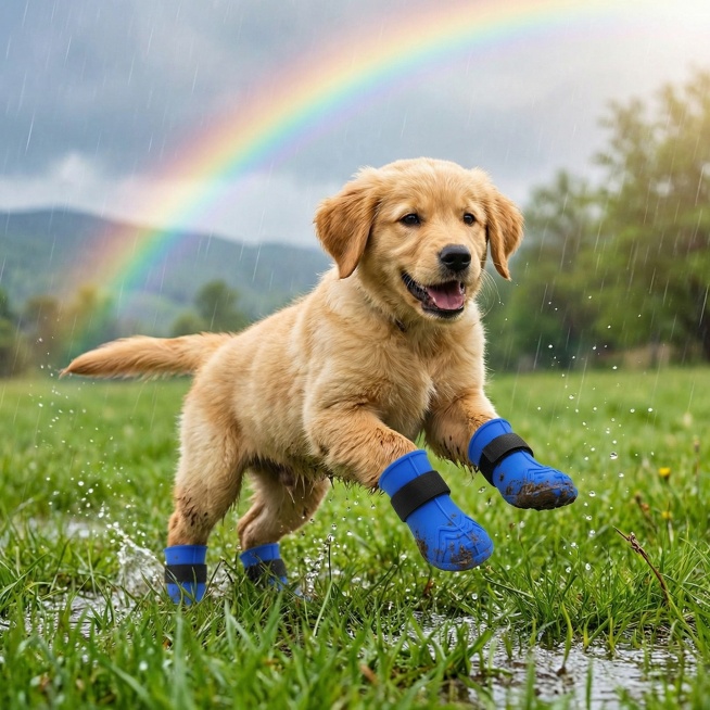 以图中的狗狗雨鞋为元素,狗狗穿的雨鞋在户外,设计6张跟狗狗雨鞋有关的图,物体主体特征不变，比例 「1:1」预览效果