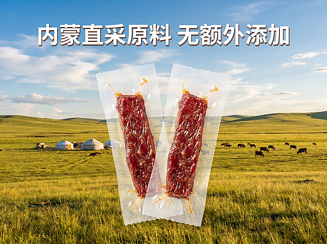 [辅助图-2] 内蒙风干牛肉干产地优势展示图。[氛围风格] 暖调草原美食风，和整体色调统一，自然高级，食欲感强。[画质] 商业摄影质感，光线柔和通透，产品清晰真实，画面干净高级，超高清分辨率，文字清晰可辨。[元素] 风干牛肉干产品放置在画面前景居中，背景融入绿色草原蓝天白云的自然元素，营造产地氛围；产品保持原有外观颜色和质感，与原图一致；干净自然无杂乱元素，满屏无边框。[光影] 自然户外暖调日光，柔和明亮，凸显产品和草原风光，整体通透干净。[配色] 背景草原绿色搭配牛肉干深红色，整体色调统一偏暖，和谐自然。[文字版式] 画面上方居中添加文字“内蒙直采原料 无额外添加”，白色粗体字带轻微浅棕投影，保证清晰可读，不遮挡产品主体。[比例分辨率] 4:3 比例，2k分辨率。[负向提示词] 变形，水印，文字错乱，产品模糊，背景杂乱。