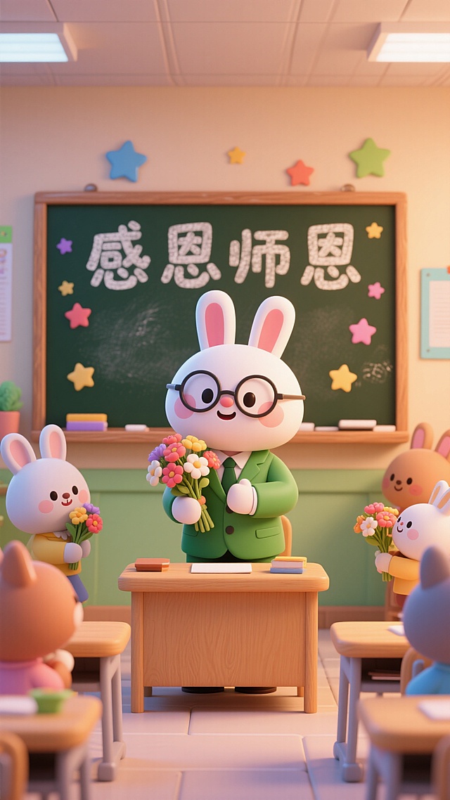 3D卡通风格，拟人兔子教师与学生互动，温馨教室氛围，表达感恩师恩主题。