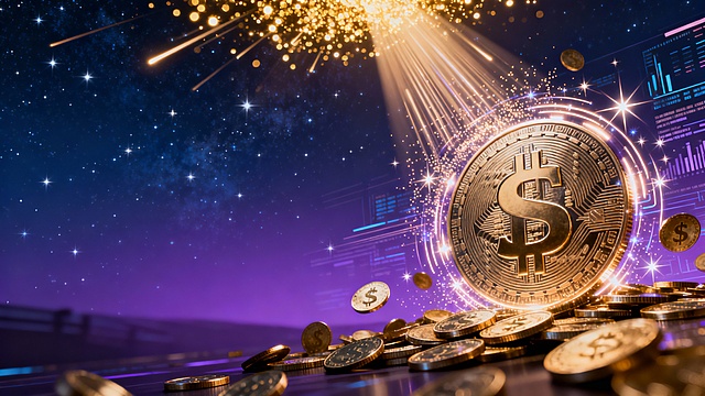 右侧主图为立体数据粒子流与虚实散落的金币$组合，金属质感强烈。画面右上角鎏金光斑闪耀，可带有光速效果。背景为深蓝至紫色渐变，叠加星辰闪耀。视觉效果呈现激光雕刻与动态光流追踪效果，传达出锐利、活力、精准的情绪，整体艺术感体现为数字金融与实体经济的能量共振。光影设计采用顶部动态追光，突出数据流的粒子轨迹质感。装饰性光效为环绕虚实散落的金币$的脉冲光环与数据节点的星爆特效。整体氛围传达出创新、活力、专业化的金融科技调性。