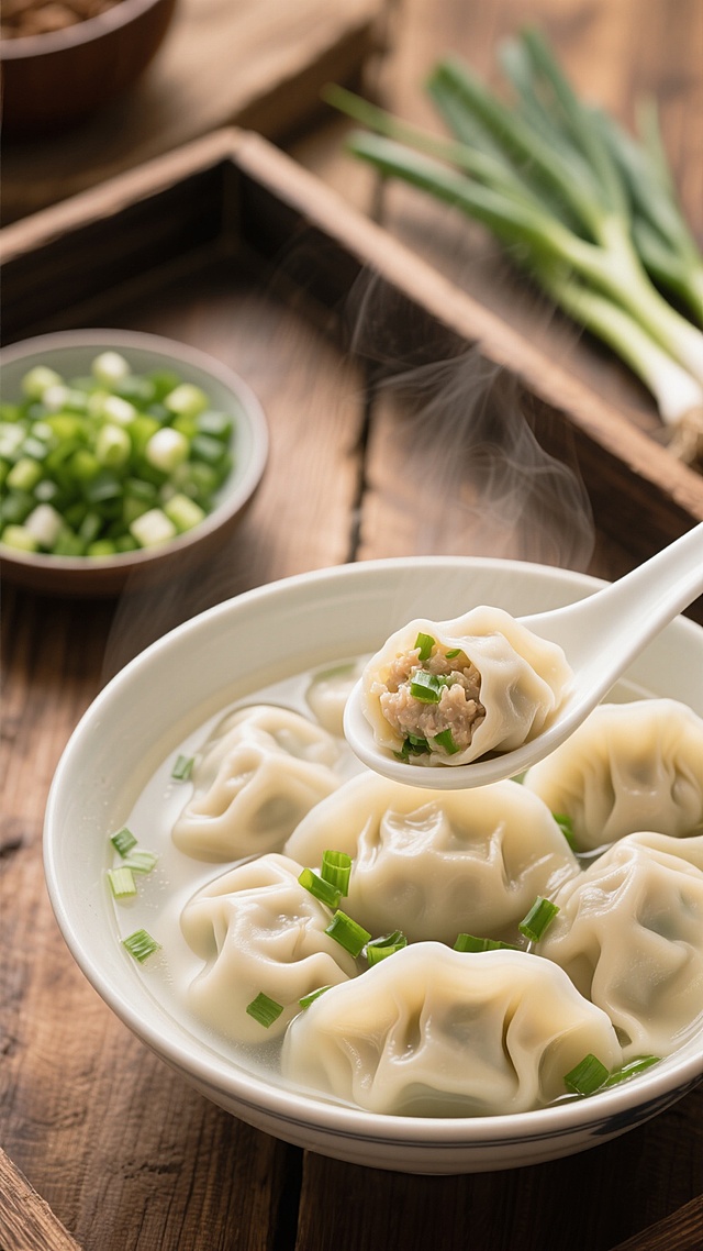 一碗热气腾腾的水饺，汤色清亮，水饺饱满，褶皱清晰，点缀着翠绿的葱花，一只白色瓷勺舀起一颗水饺，露出鲜嫩的馅料，背景是木制桌面上放着一小碗切碎的葱花和新鲜的葱段，整体呈现温馨家常的氛围，暖色调光线，写实风格，食物质感细腻，细节丰富，营造出温暖诱人的感觉。