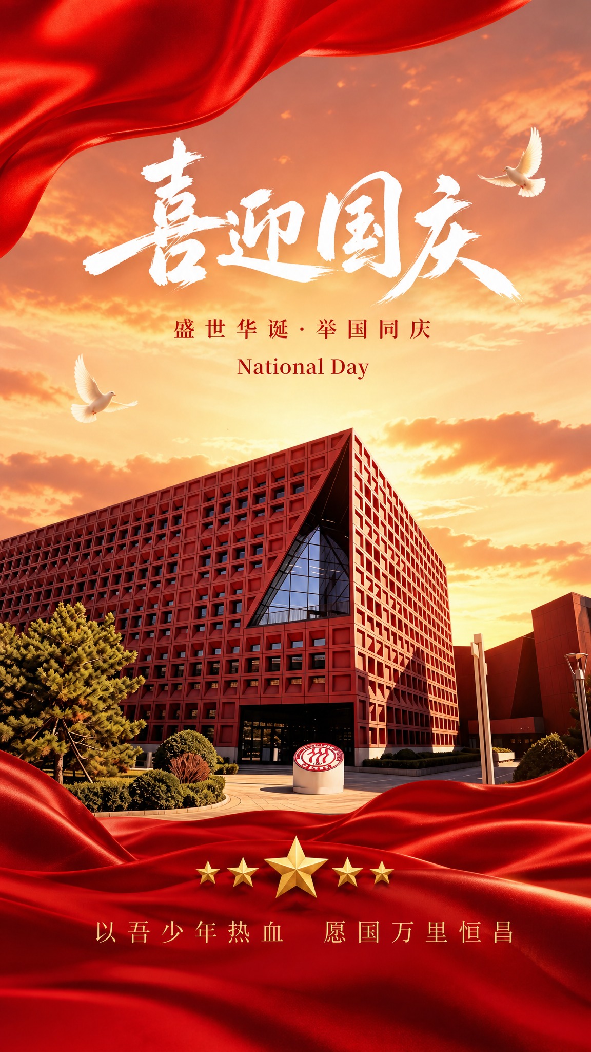 国庆节海报，竖版9:16。以图3的中国人民大学红色网格建筑为主… - 图片创意预览