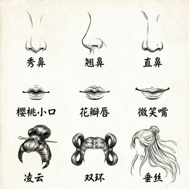 和参考图画风一致的女性正面古风鼻子、嘴巴、头发训练图预览效果