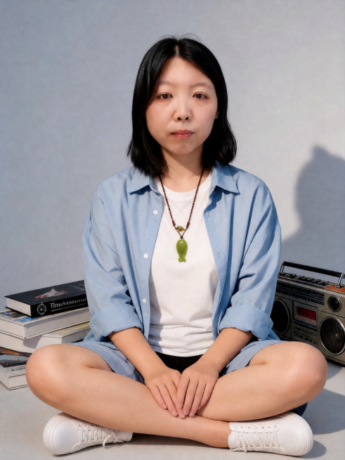 在之前生成的人像盘腿坐姿基础上，补充完整的白色鞋子，保留原人物特征、构图和场景风格，保持高清质感预览效果