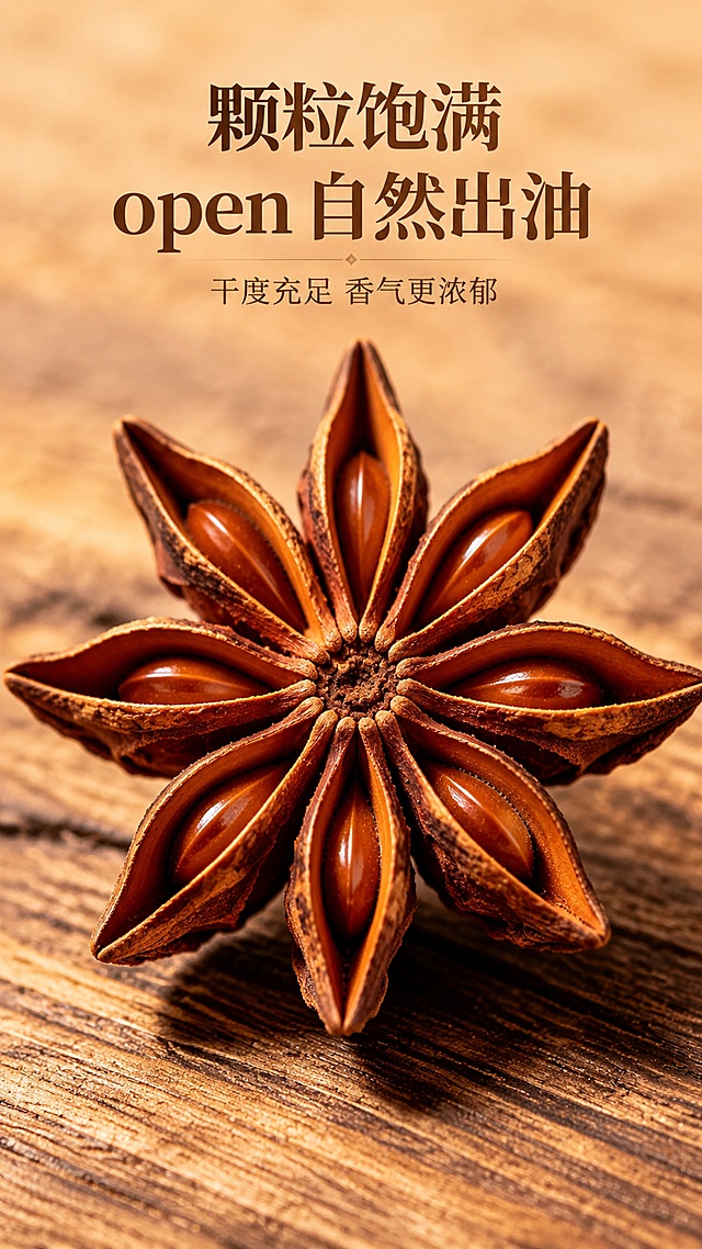 [第3屏] 八角细节质地特写屏，微距展示八角颗粒饱满品质。本屏使用【图4】作为产品细节主体。
[氛围/风格] 高级微距质感，突出食材天然纹理，暖调突出食欲。
[元素布局] 单颗完整八角放置画面中心，占比约70%，放大展示八角星状结构和饱满种子，木质桌面做背景，保留八角原有的形状、结构、颜色和纹理细节，清晰展现干燥外皮和油润种子。
[光影质感] 侧光打光，突出八角表面纹理凹凸和种子高光，阴影层次清晰，质感真实。
[配色色系] 全局底色 #E8DBC5；主色：八角深红褐色，木质浅棕；辅助色：留白浅米。
[视角构图] 中心微距特写，浅景深突出主体八角，背景虚化。
[文字版式] 顶部标题「颗粒饱满  open 自然出油」，下方小字「干度充足 香气更浓郁」，字体风格和颜色与首屏保持一致，文字摆放不遮挡主体细节。
[比例分辨率] 9:16 竖版比例，4K分辨率，文字清晰可辨，高清画质。
[负向提示词] 结构变形，颜色失真，模糊，水印，文字错乱。