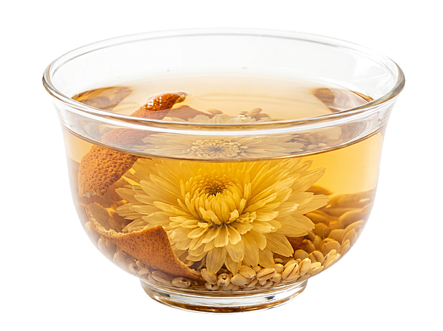 玻璃茶盏，棕黄色茶汤，菊麦茶（配料：菊花、陈皮、大麦）参考图片「图片1」，纯白色背景。整体颜色要偏明亮、轻快，光影柔和，国风雅致，干净通透，商业海报质感，高清8K，细节细腻