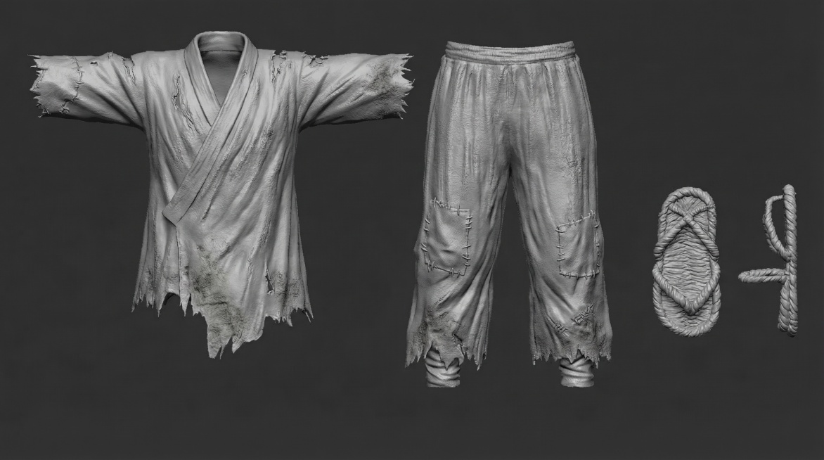 生成这套古代乞丐服饰ZBrush高模，灰色无色，还原补丁、破损磨损、做旧效果，布料褶皱质感真实预览效果