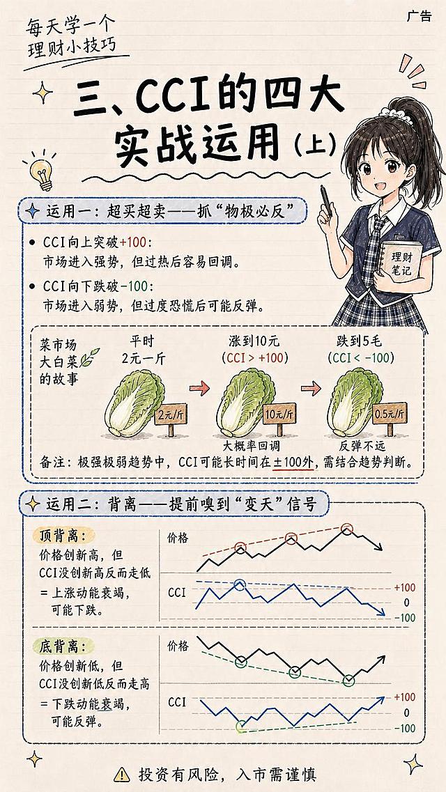 参考图的手绘笔记本风格，竖版理财知识科普图，顶部写“每天学一个理财小技巧”，大标题为“三、CCI的四大实战运用（上）”，右侧有扎马尾穿JK制服的卡通女生讲解，包含两个运用：运用一：超买超卖——抓'物极必反'，配文字“CCI向上突破+100：市场进入强势，但过热后容易回调。CCI向下跌破-100：市场进入弱势，但过度恐慌后可能反弹。”配菜市场大白菜比喻插图：平时2元一斤，涨到10元（CCI>+100）大概率回调，跌到5毛（CCI<-100）反弹不远，备注“极强极弱趋势中CCI可能长时间在±100外，需结合趋势判断”；运用二：背离——提前嗅到'变天'信号，顶背离：价格创新高但CCI没创新高反而走低=上涨动能衰竭可能下跌；底背离：价格创新低但CCI没创新低反而走高=下跌动能衰竭可能反弹。配简单示意图。底部有“⚠️ 投资有风险，入市需谨慎”，右上角“广告”，米黄纸张手绘风格