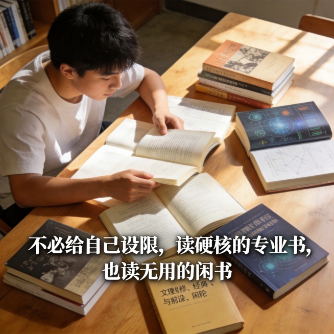 大学生阅读场景，木质桌面上摆放着混合多样的书籍，既有经典人文历史读物，也有前沿科技专业书籍，书籍错落摊开，一个年轻学生坐在桌前随手翻阅，阳光明亮，氛围自由开放，传递文理兼修、经典与前沿并存，阅读不必设预览效果