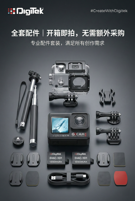 2:3竖屏，组合式排版，展示Digitek DAC-101全套配件，包括防水壳、自拍杆、备用电池、数据线等，产品居中放置，配件围绕产品有序排列，严格还原产品及配件细节，比例协调。主标题：「全套配件 |预览效果