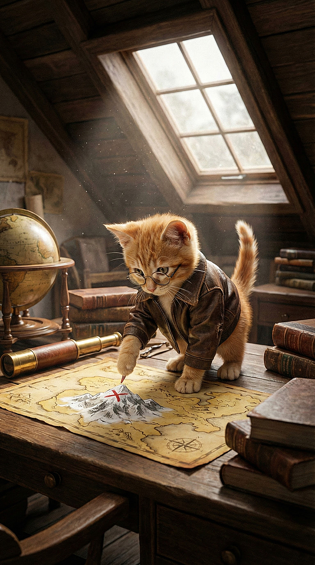 复古感与光影交织，拟人风小猫戴眼镜穿皮衣，3D质感中探索古老地图，油画风呈现故事感十足的冒险瞬间。