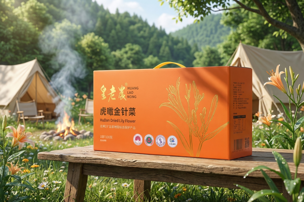 保持虎噉金针菜礼盒的形状和尺寸不变，将背景替换为自然清新的户外营地场景，整体氛围自然健康，突出产品作为国家地理标志保护产品的原生态属性预览效果